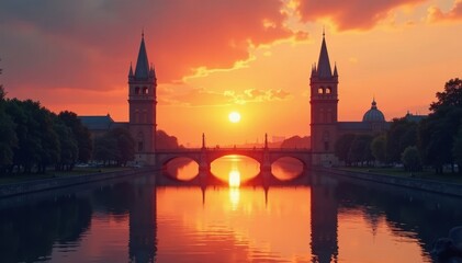 Fototapeta premium Two majestic towers framing the orange sunset, river reflection , Photography, Urban, Twilight