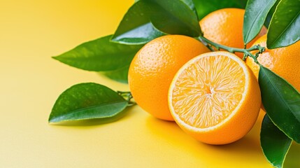 Fresh oranges with vibrant yellow background.
