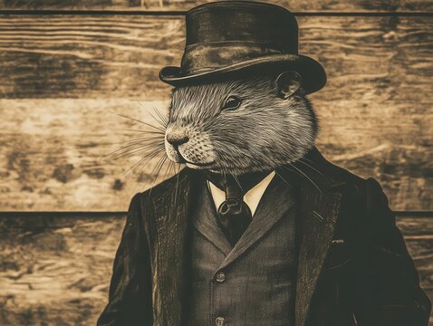 Old School Style Musk Rat in a Dapper Hat, Sepia Tone with Gangster Vibe Inspired by Peaky Blinders
