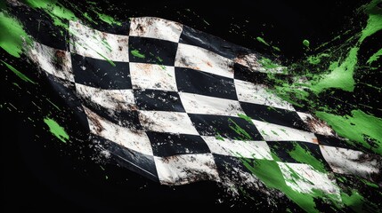 A weathered checkered flag with green splashes, symbolizing racing and competition.