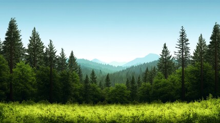 Fototapeta premium A serene landscape showcasing a lush forest with tall pine trees and rolling mountains, embodying tranquility and natural beauty.