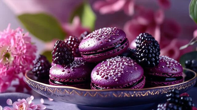 Delectable purple macarons and juicy blackberries on ornate plate display for Purple Day.