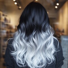 Stunning Ombre Hair: Dark to Silver Transformation,  Long Wavy Locks,  Hair Styling Inspiration