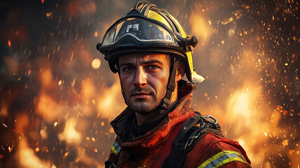 Firefighter hero in protective gear against dramatic fire and sparks background for emergency rescue service awareness
