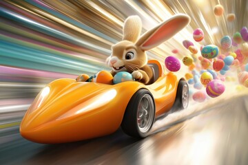 Funny Easter bunny racing in a carrot-shaped car with eggs along the track
