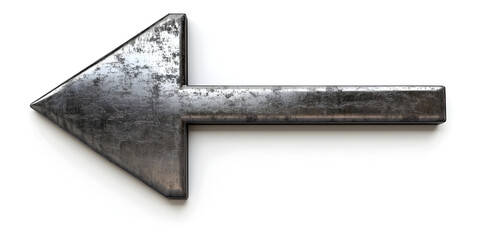 Fototapeta premium Dark Metallic Left-Pointing Arrow with a Scratched Industrial Texture on a White Background Representing Direction and Navigation