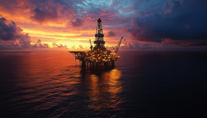Fototapeta premium Offshore oil rig at sunset, energy production, ocean industry