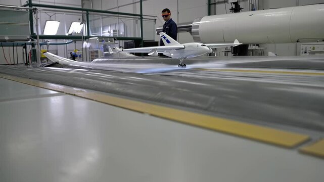 Engineer Testing Aircraft Prototype in Aerodynamic Wind Tunnel