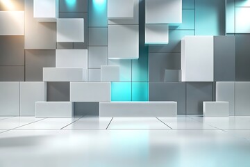 Abstract 3D geometric background with white cubes and blue light