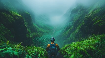 Obraz premium Cyclist resting on a foggy mountain trail with a serene valley disappearing into the mist below