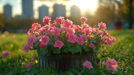 Sunset Bloom: Pink Flowers in a Wooden Pot