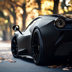 Matte Black Supercar Parked in Autumnal Setting: Luxury Vehicle Photography