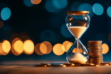 hourglass with sand flowing, symbolizing time management, alongside stack of coins representing wealth and investment. blurred lights create warm atmosphere