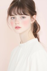 Fototapeta premium Young Woman with Freckles and Blush on a Soft Pink Background