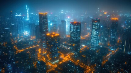Fototapeta premium Night cityscape, hazy skyscrapers, illuminated streets.