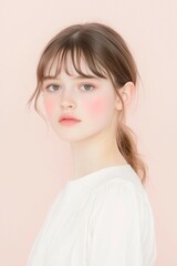 Fototapeta premium Young Woman with Freckles and Blush on a Soft Pink Background