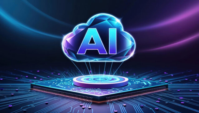 Futuristic AI cloud computing concept with vibrant neon visuals and circuit patterns.