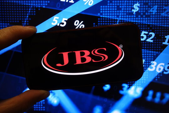 Konskie, Poland - January 18, 2025: JBS company logo displayed on mobile phone