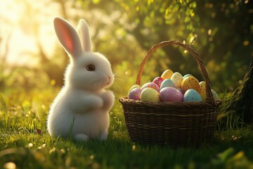 Natural Easter scene with a white Easter bunny, wicker basket, and vibrant colored eggs