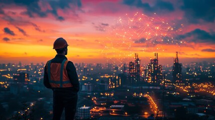 Fototapeta premium Construction worker at sunset with fireworks