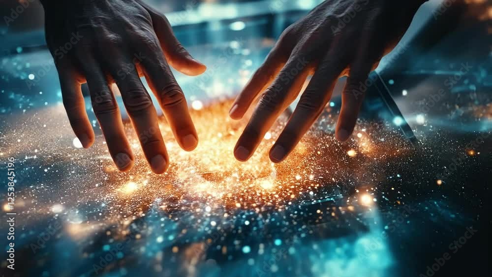 Fototapete Hands touching holographic futuristic interface generating big data visualization with a network of interconnected nodes and lines representing complex data flow and analysis