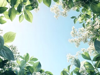 A dreamy summer background of green leaves and delicate flowers to the right, framed by a clear blue sky.