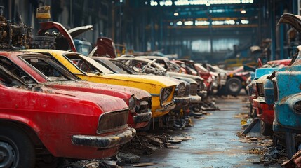 Naklejka premium Abandoned colorful cars in an industrial setting