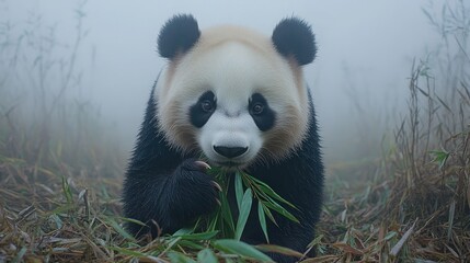 Obraz premium Panda eating bamboo in misty habitat.