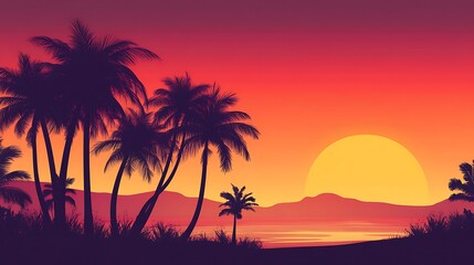 Silhouetted Palm Trees at Sunset Over a Tropical Ocean