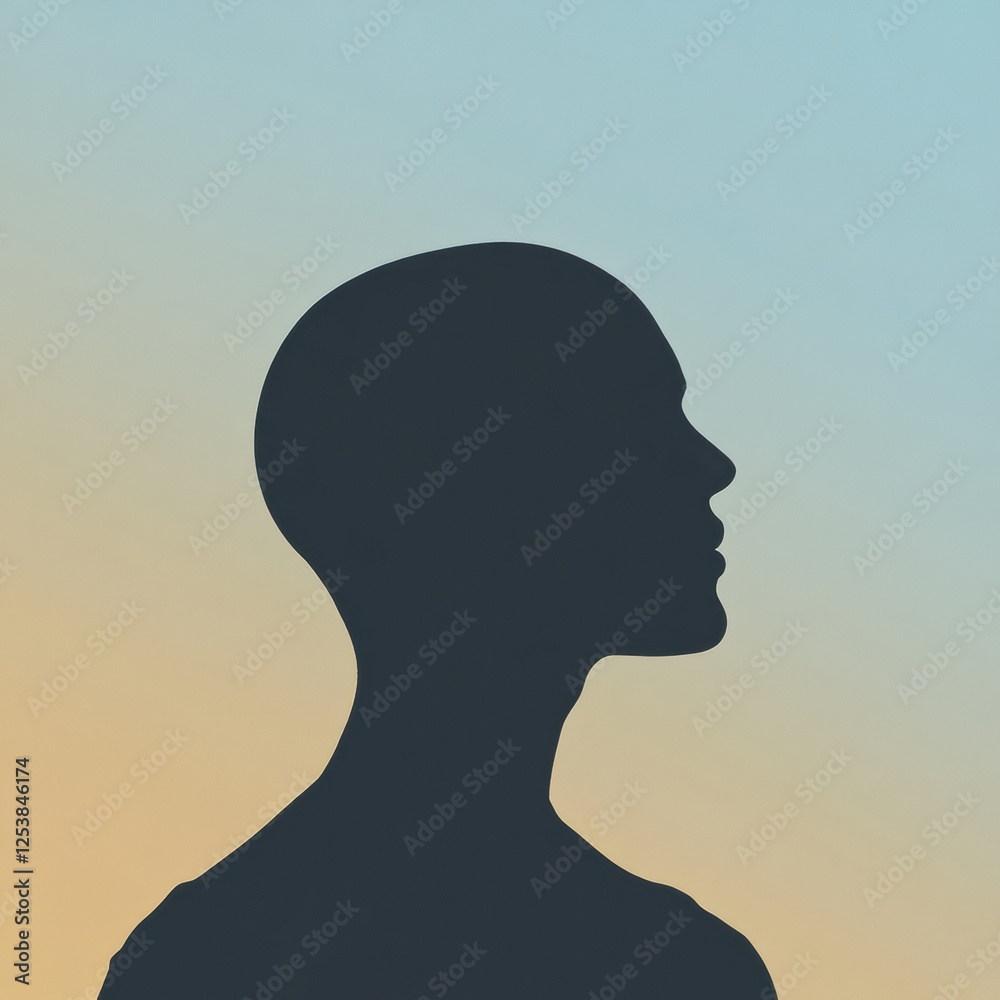 Fototapete silhouette of a person with visible bald patches against a gradient background at sunset. generative