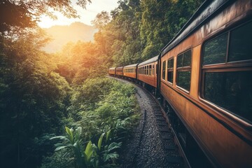 Obraz premium Train Journey Through Forested Countryside at Golden Hour