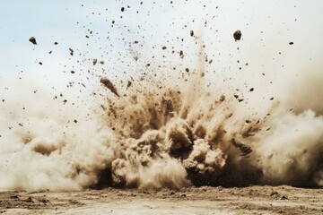 Powerful explosion of earth, desert landscape, massive dust cloud