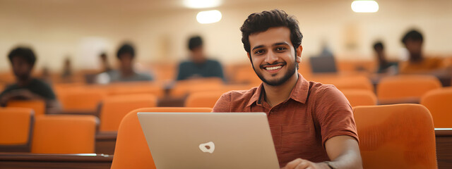 An Indian student sitting in the classroom and smiling while using their laptop
