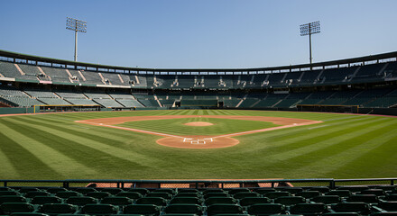 Obraz premium A pristine baseball stadium on a sunny day, featuring a perfectly manicured diamond with vibrant green outfield grass and a neatly raked infield.