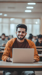 An Indian student sitting in the classroom and smiling while using their laptop
