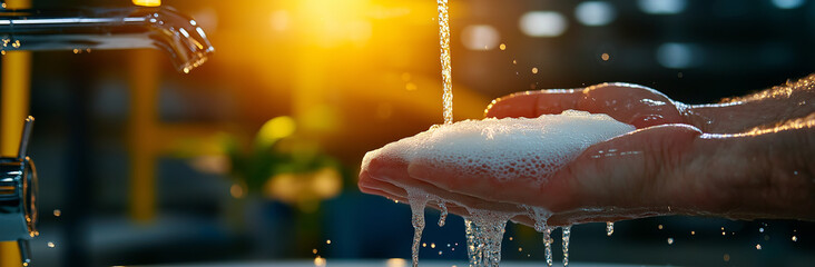 Washing hands under running water with soap, sunlight shining in background, promoting hygiene and cleanliness