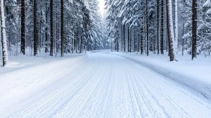 Naklejka premium Snowy forest path, cross-country skiing tracks, winter landscape, peaceful scene