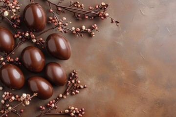 Fototapeta premium Tempting Easter composition with glossy chocolate eggs on a soft velvety background