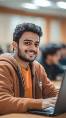 An Indian student sitting in the classroom and smiling while using their laptop
