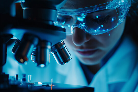Female scientist working with microscope in laboratory, focused on her research. blue lighting enhances high tech atmosphere, showcasing dedication and precision in scientific exploration