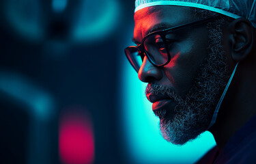 Professional medical portrait of surgeon in surgical environment, showcasing focus and determination. image captures essence of healthcare and dedication
