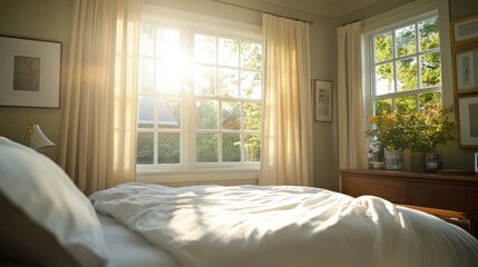 Fototapeta premium Cozy Bedroom Bathed in Morning Light with Soft Texture Bed Linen
