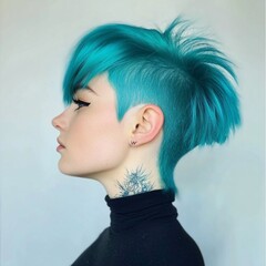 Stunning Teal Undercut Hairstyle with Neck Tattoo