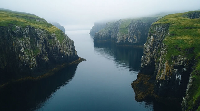Top view of dramatic fjord with steep cliffs and calm waters.