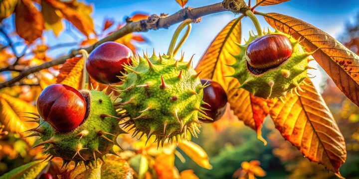 High-focus autumnal image: Horse chestnut conkers against a deep blue sky, showcasing fall's beauty.