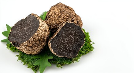 Truffles showing cross section resting on moss and oak leaf for national truffle day
