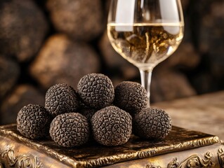 Black truffles resting on golden tray with glass of white wine celebrating national truffle day