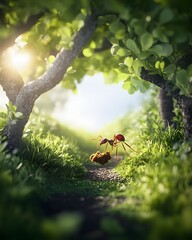 Obraz premium Soft greenery merging into a serene summer sky with an ant carrying food along a sunlit trail.