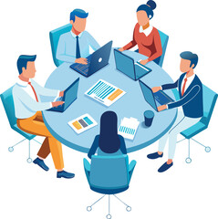 Partners meeting for business discussion with documents and laptop on desk. Couple at round table, speaking, discussing work, partnership. Flat vector on a white background