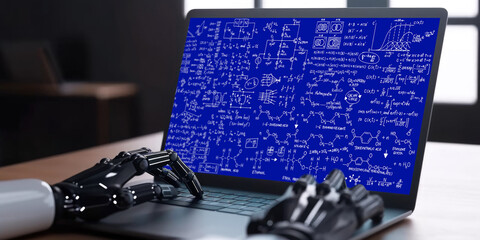 Mathematic equations and brisk formula on computer screen showing concept of science and education